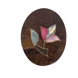 vtg carved stone Trinket jewelry box Oval mother of pearl made in India Lily